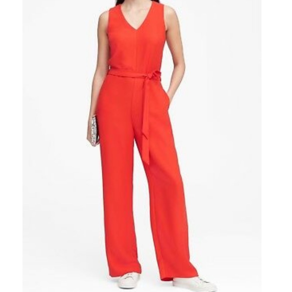 Red tie waist jumpsuit